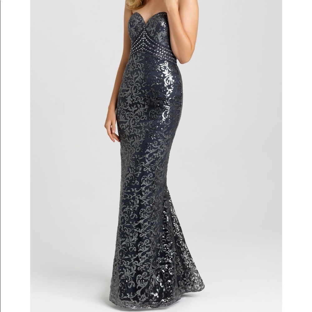 Madison James Strapless Pewter Prom Formal Dress